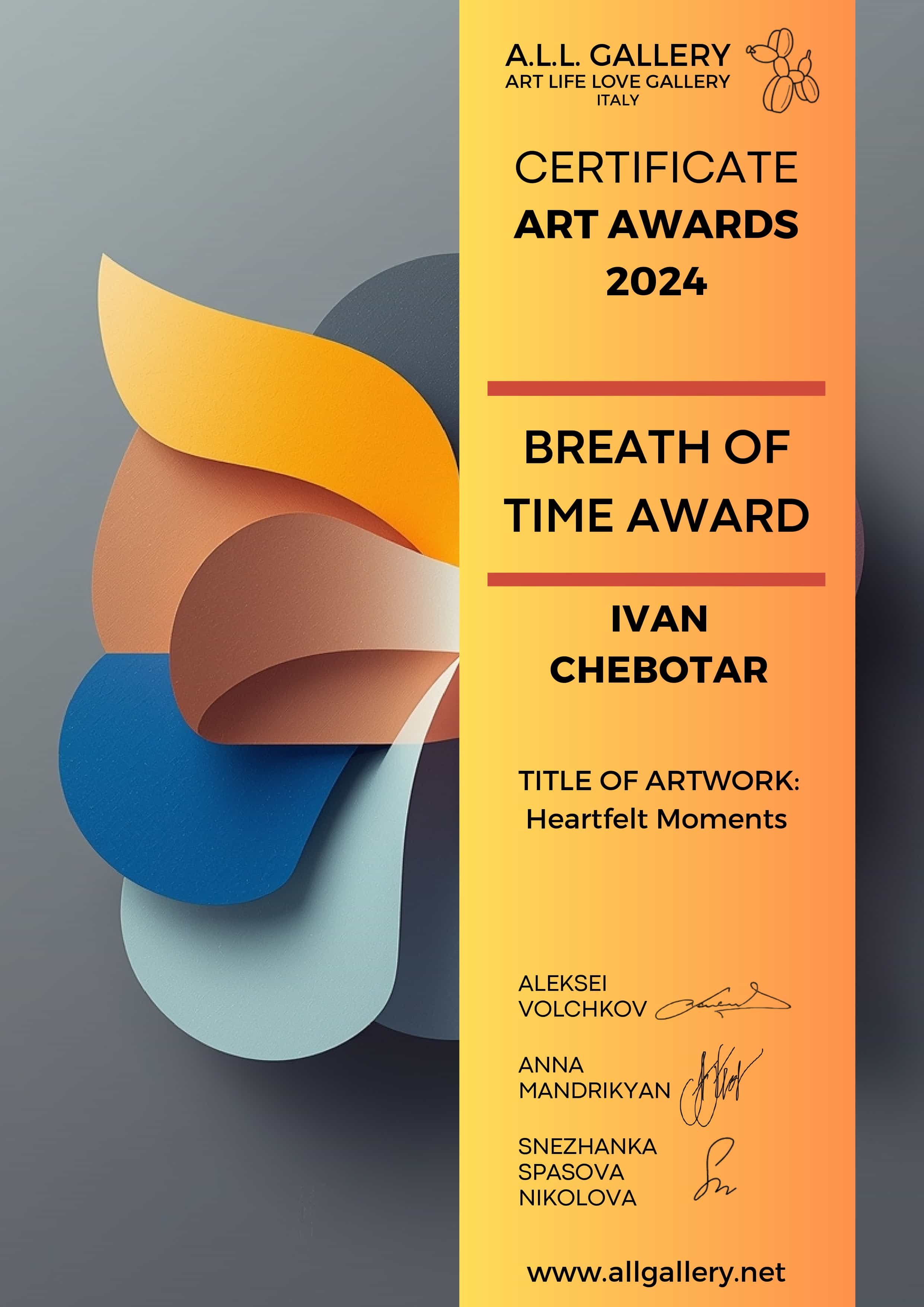 award 2024, Breath of time award, certificate, Art Life Love Gallery Italy