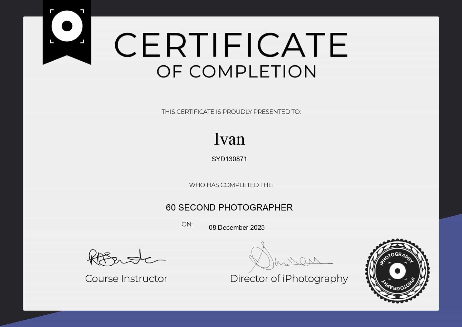 certificate 2025, 60 Second Photographer