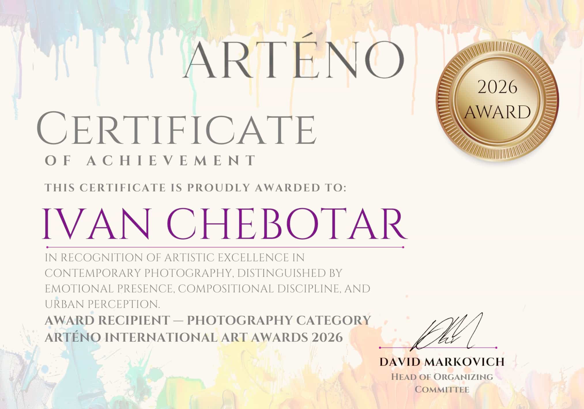 certificate 2026, ARTENO